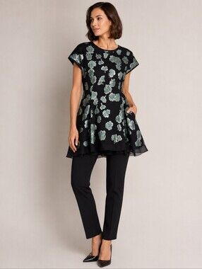 Lela Rose Silk Metallic Floral Peplum Tunic Top Green Black Size 12 NWT
